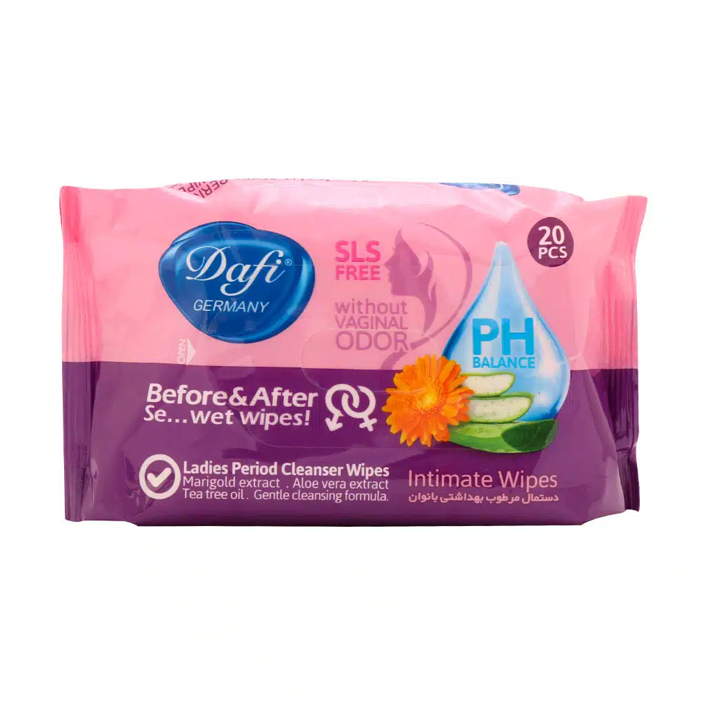 Dafi-Intimate-Wipes-20-pcs-1.jpg دستمال مرطوب بهداشتی بانوان دافی 20 عدد دافی - تصویر 1