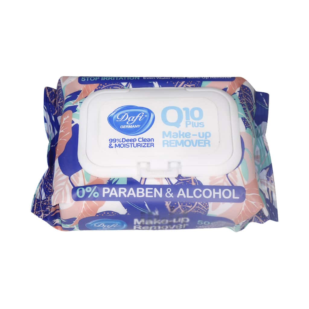 Dafi-Q10-plus-Make-Up-Remover-Wet-Wips-1 دستمال مرطوب کننده آرایش چشم و صورت q10 پنجاه عدد دافی - تصویر 1